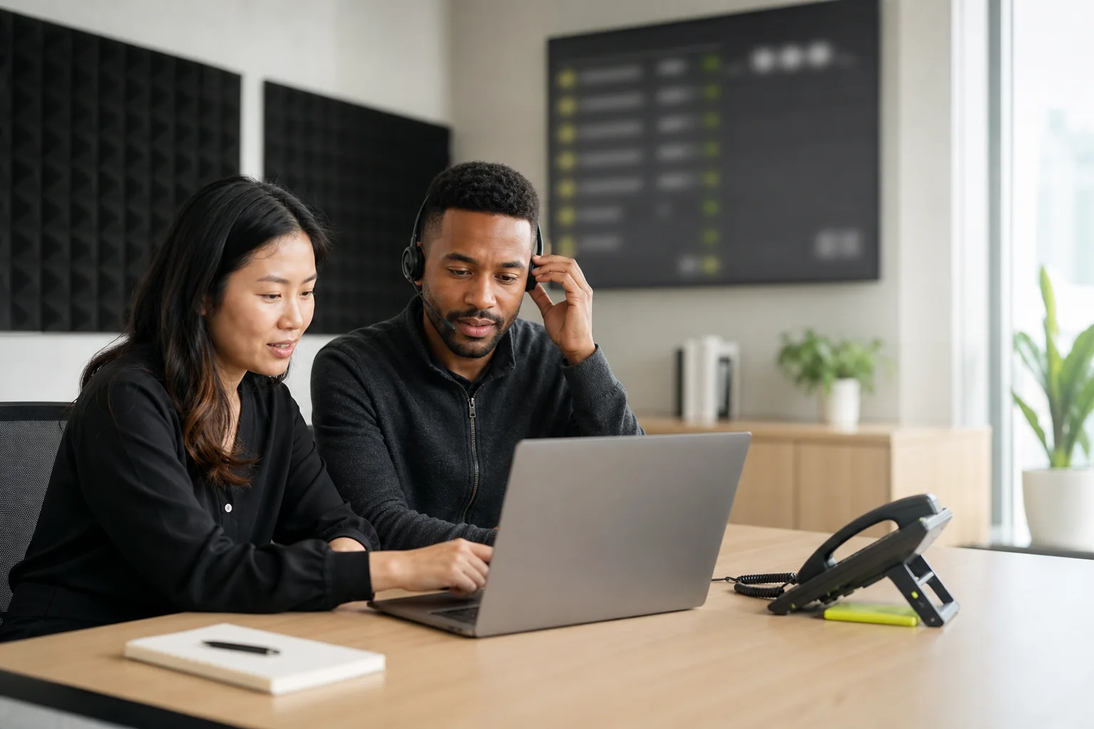 Colleagues working together in person across languages